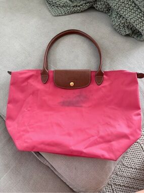 Longchamp Le Pliage Pink Tote with Brown Leather Trim